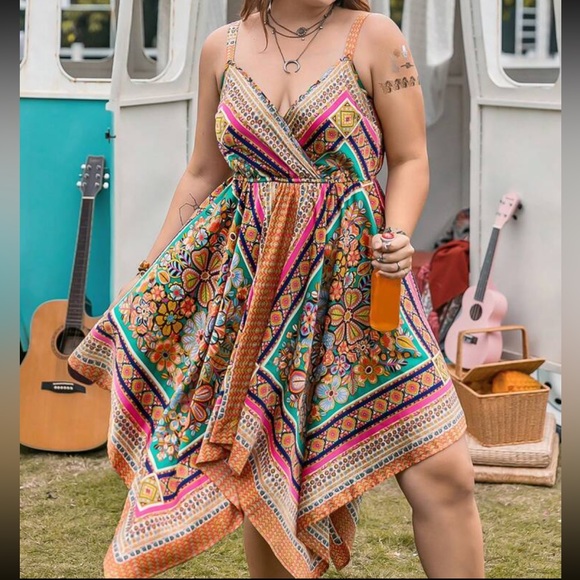 Boho Plus Size Scarf Print Asymmetrical Hi Low Hem Cami Dress Without Belt - Picture 8 of 8